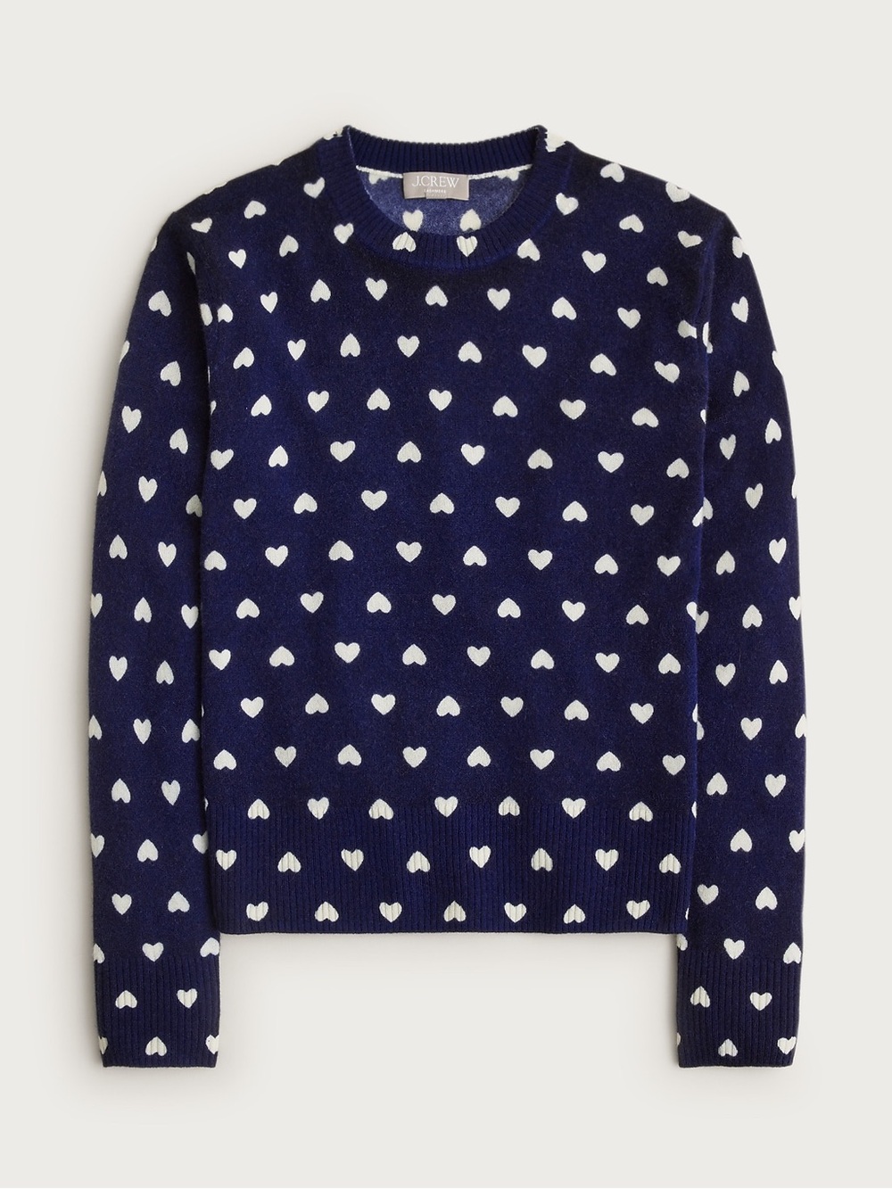 J. Crew Navy Crewneck Cashmere Sweater with White Heart Motif